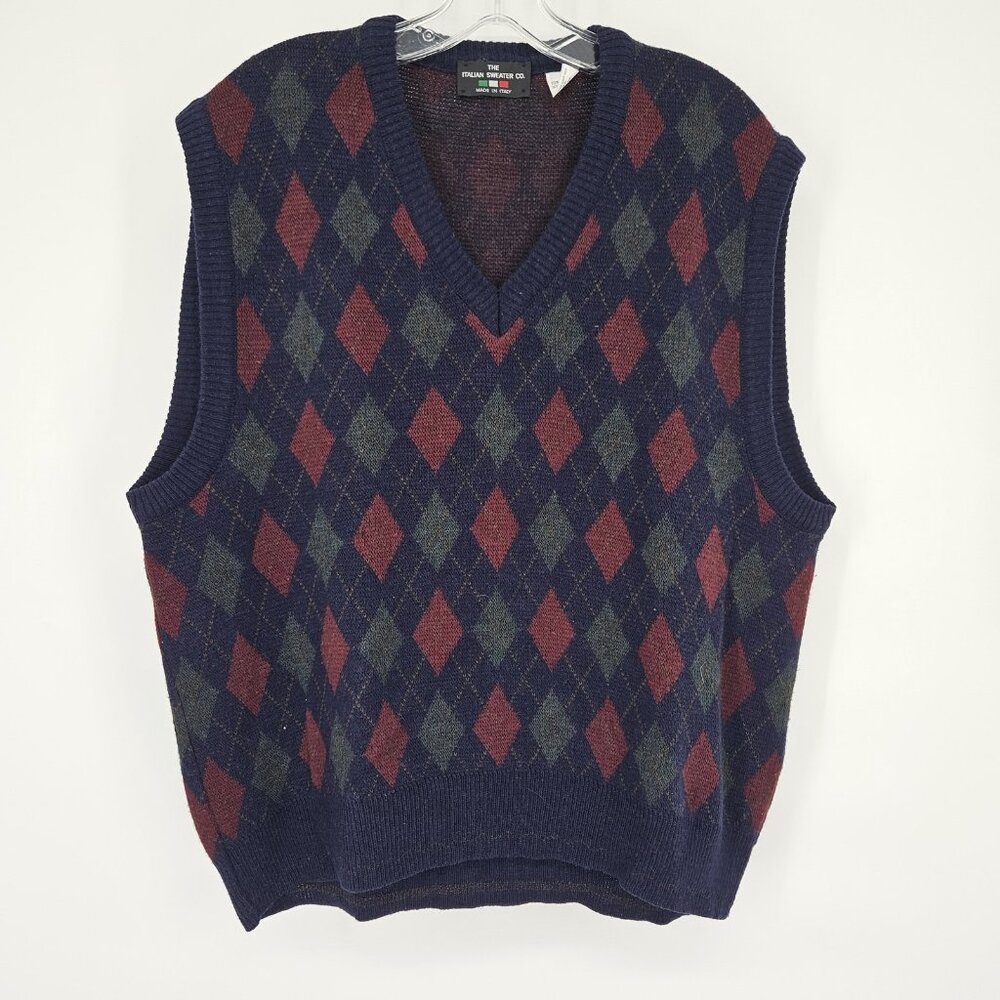 Italian Sweater Co Sweater Vest Mens XL Blue Argyle Wool Blend Made Italy Preppy
